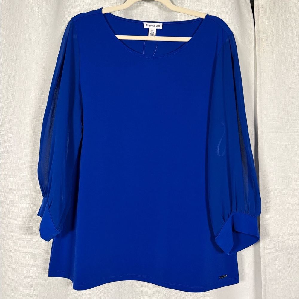 Calvin Klein Sheer Long Sleeve Blouse in Admiral Blue Size Large - Picture 9 of 9